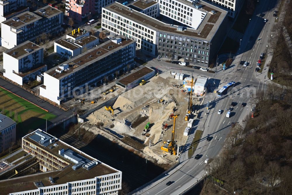 Aerial photograph München - Construction site with piling works for the foundation slab of a new building of Baeckereikette Max Rischarta??s Backhaus in the district Schwanthalerhoehe in Munich in the state Bavaria, Germany