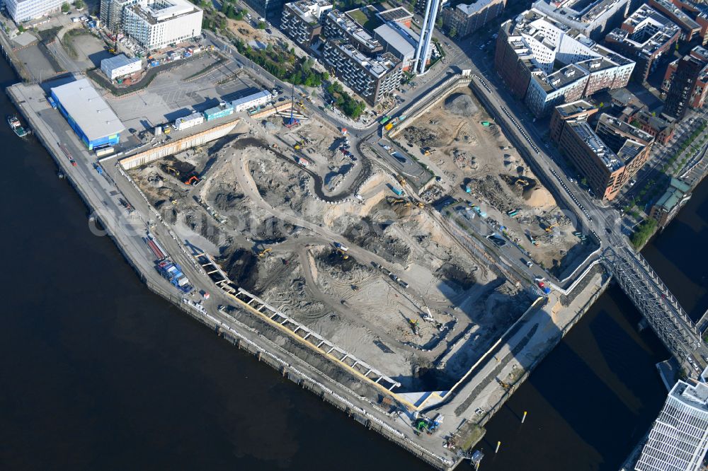 Aerial image Hamburg - Construction site for the new building complex of the shopping center at Ueberseequartier at Chicagokai - Osakaallee in the area of the former Grasbrooks in the Hafencity district in Hamburg, Germany