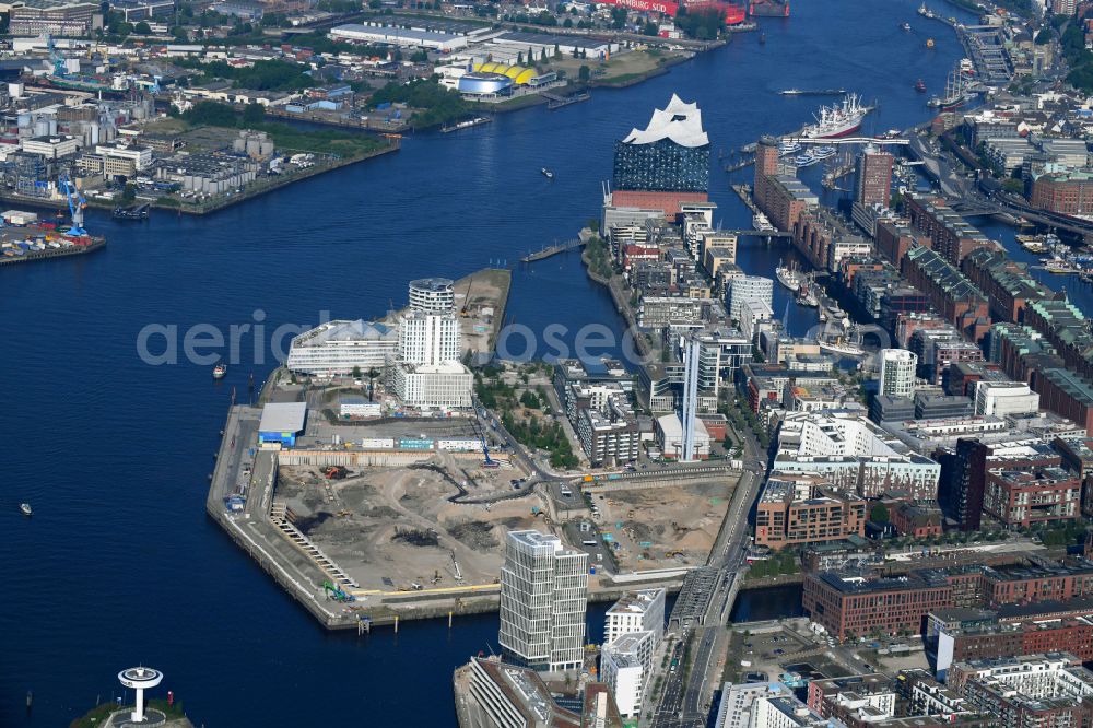 Aerial image Hamburg - Construction site for the new building complex of the shopping center at Ueberseequartier at Chicagokai - Osakaallee in the area of the former Grasbrooks in the Hafencity district in Hamburg, Germany