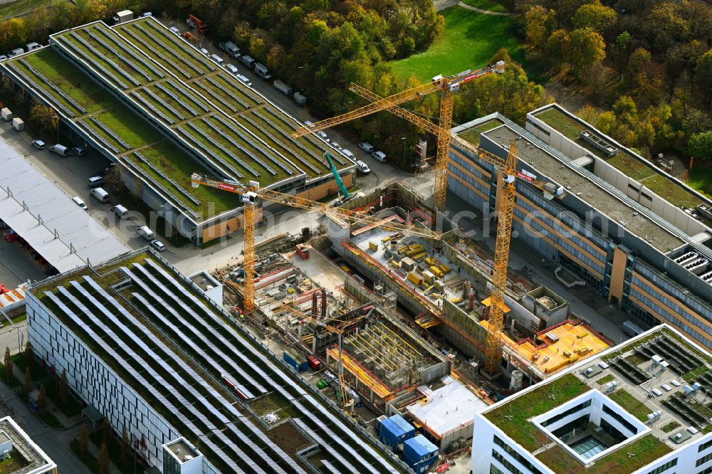 München from above - construction site for the new building on the grounds of the depot car workshop and the SWM training center in the district of Moosach in Munich in the state Bavaria, Germany