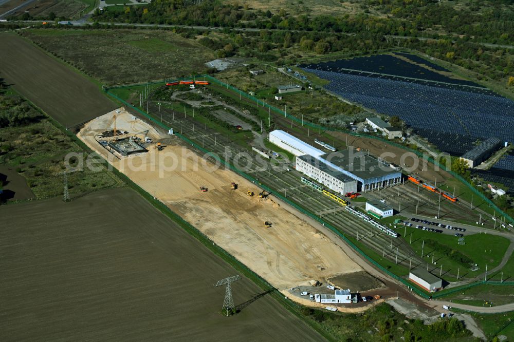 Magdeburg from above - Construction site of the depot of the Magdeburger Verkehrsbetriebe in the district Rothensee in Magdeburg in the state Saxony-Anhalt, Germany