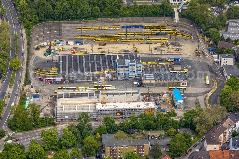 Aerial image Essen - Construction site to build on the premises of the depot Betriebswerkstatt Beuststrasse in the district Ostviertel in Essen in the Ruhr area in the state North Rhine-Westphalia, Germany