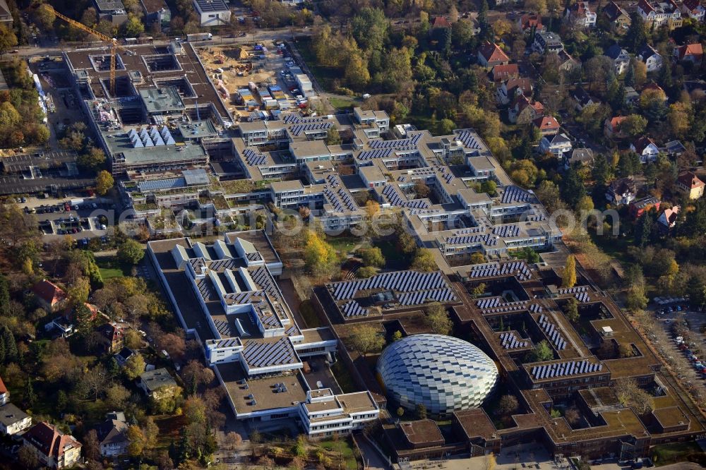 Berlin from above - Construction site for the construction of a new library of small departments and a scientific library of the Free University ( FU ) at Fabeckstrasse in Berlin Dahlem