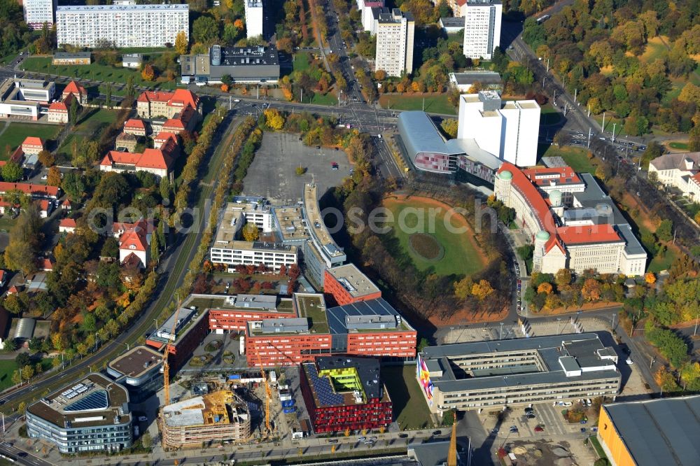 Aerial image Leipzig - Construction of the BioCube at the BIO CITY LEIPZIG at the site of the old fairground in Leipzig in Saxony