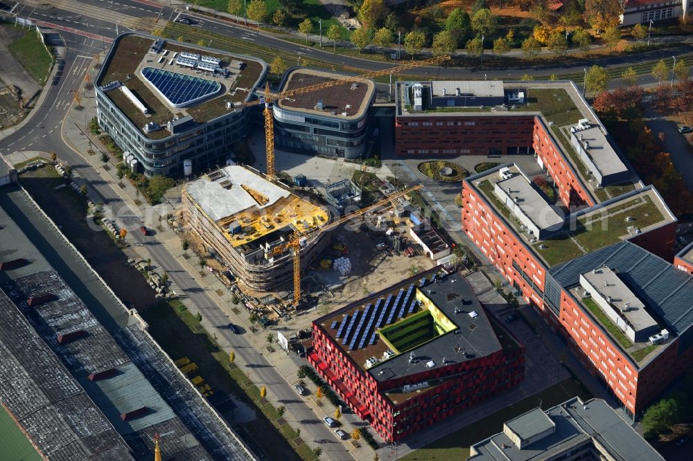 Aerial image Leipzig - Construction of the BioCube at the BIO CITY LEIPZIG at the site of the old fairground in Leipzig in Saxony