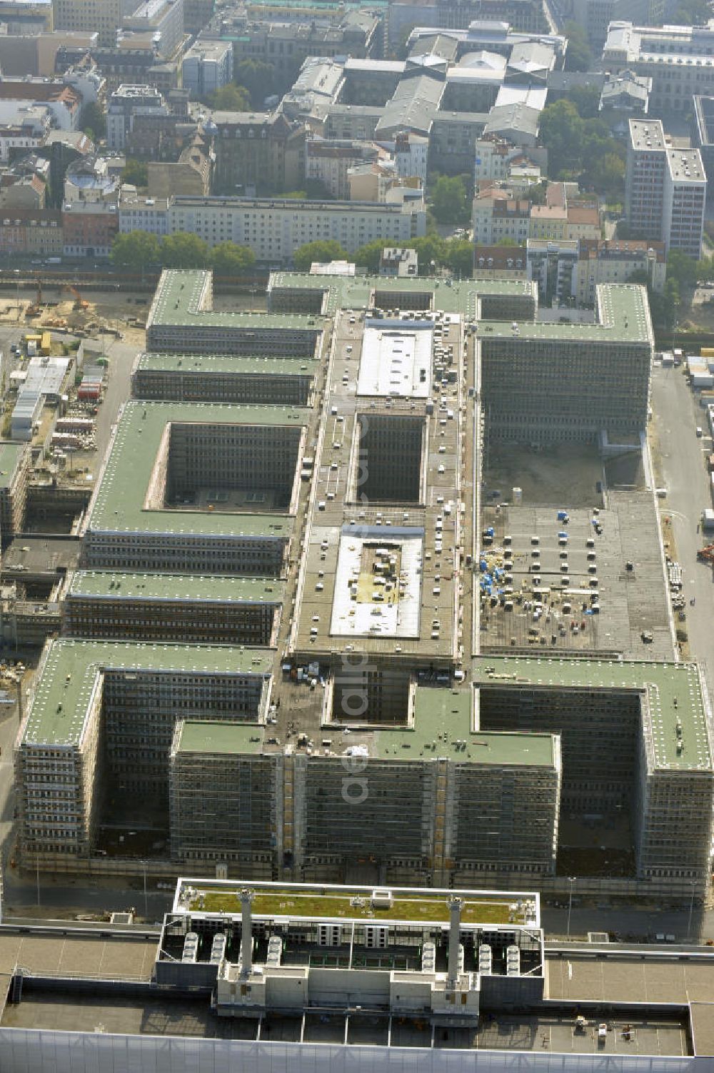 Berlin Mitte from above - Construction site of the new build Federal Intelligence Service BND at the street Chausseestrasse in Berlin