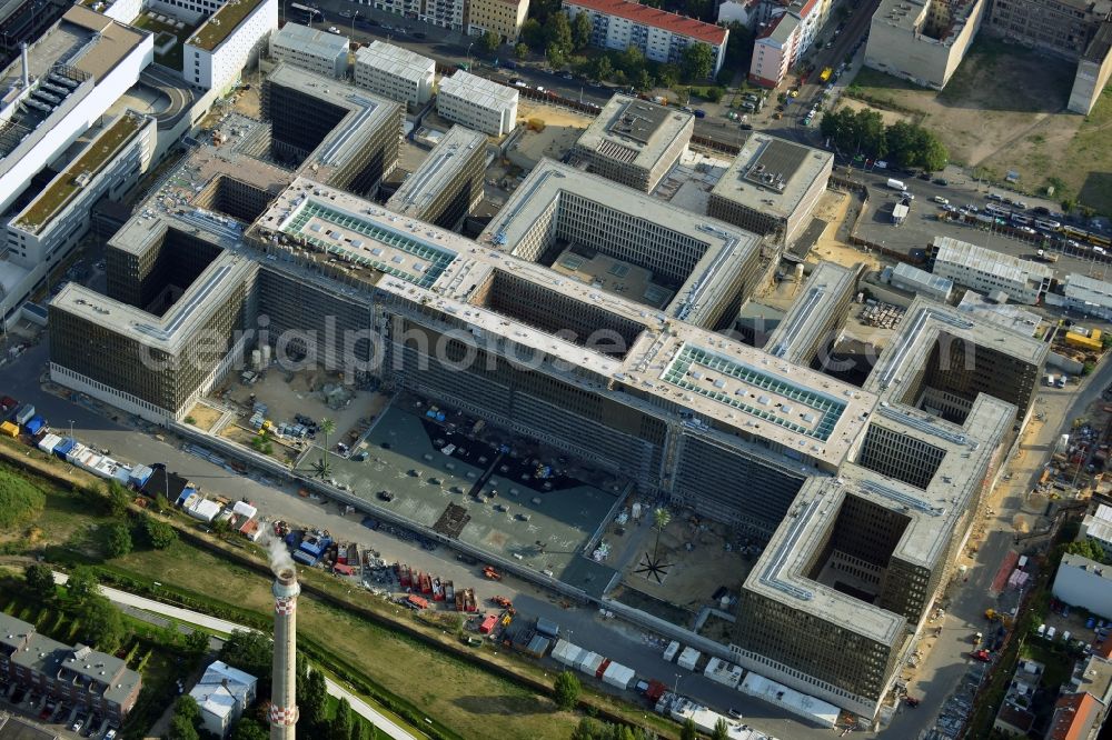 Berlin from above - View of the construction site to the new BND headquarters at Chausseestrass in the district Mitte. The Federal Intelligence Service (BND) builds on a 10 acre site for about 4,000 employees. It is built according to plans by the Berlin architects offices Kleihues Kleihues