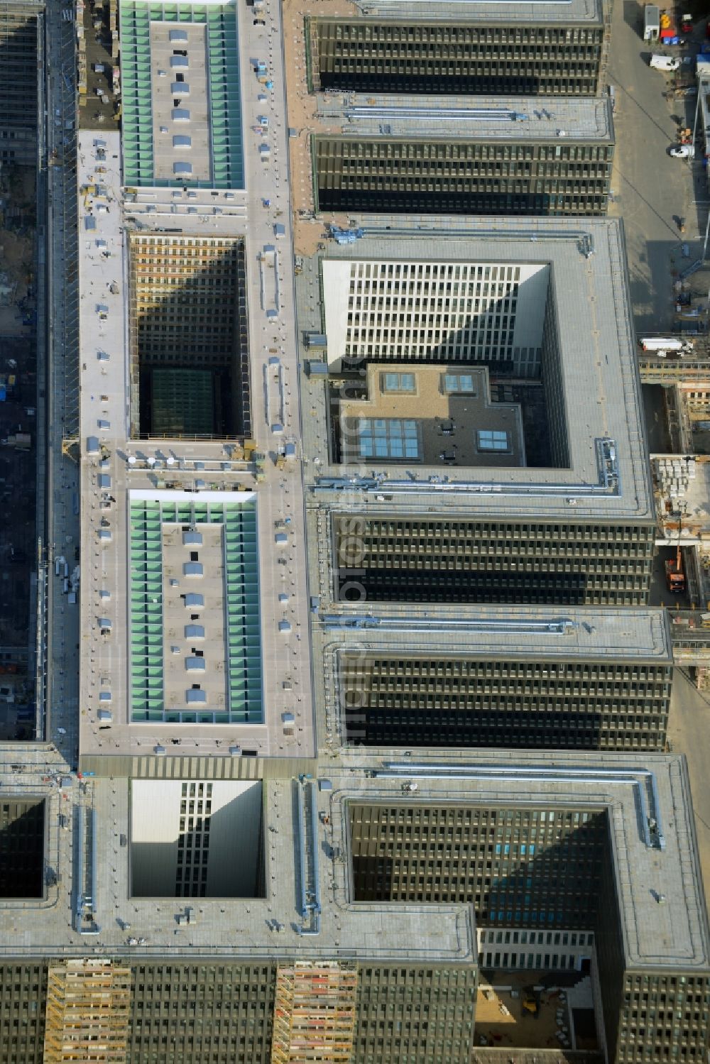 Berlin from above - View of the construction site to the new BND headquarters at Chausseestrass in the district Mitte. The Federal Intelligence Service (BND) builds on a 10 acre site for about 4,000 employees. It is built according to plans by the Berlin architects offices Kleihues Kleihues