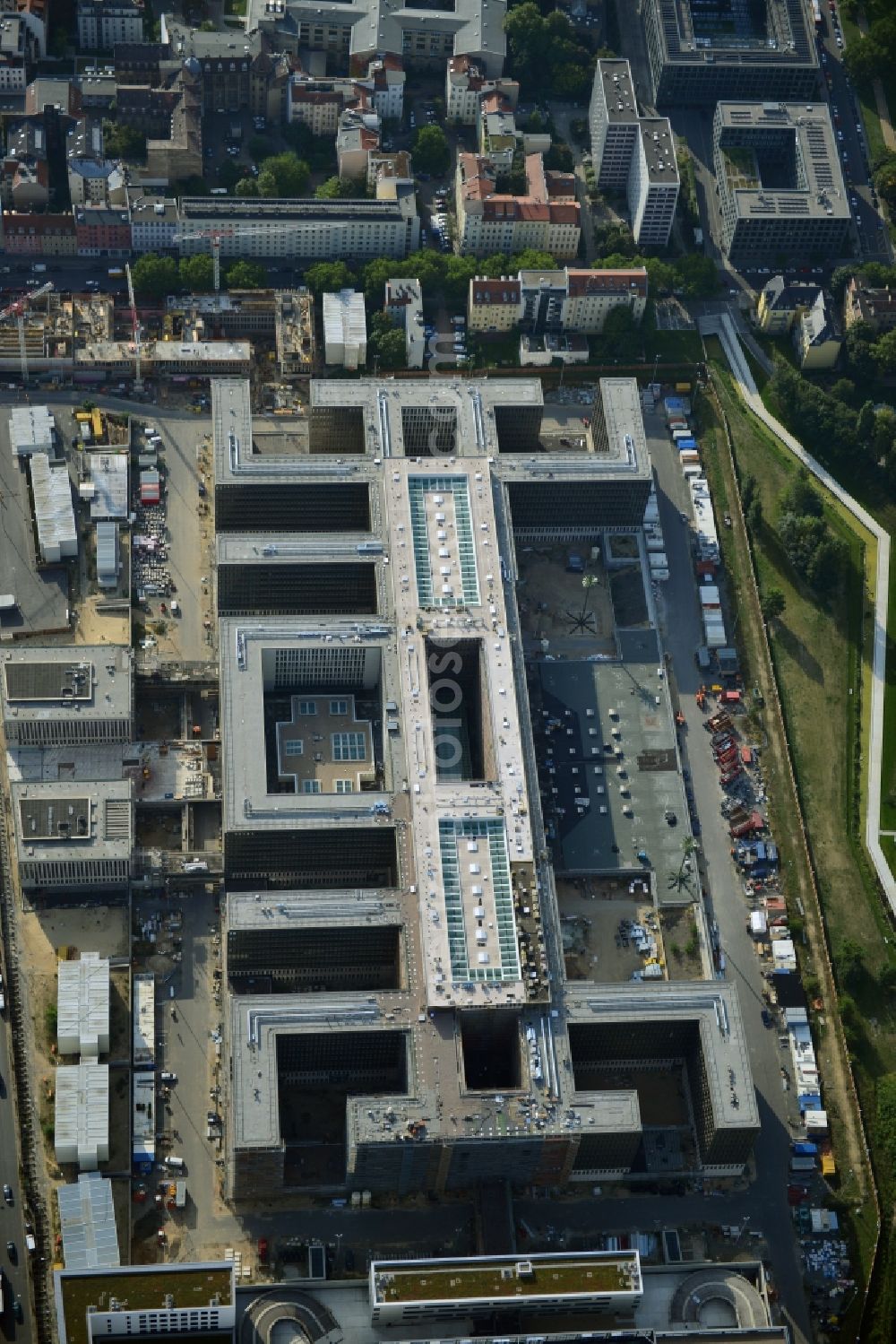 Berlin from above - View of the construction site to the new BND headquarters at Chausseestrass in the district Mitte. The Federal Intelligence Service (BND) builds on a 10 acre site for about 4,000 employees. It is built according to plans by the Berlin architects offices Kleihues Kleihues