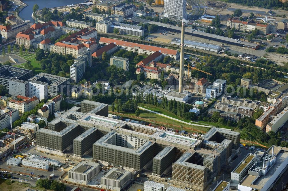 Berlin from above - View of the construction site to the new BND headquarters at Chausseestrass in the district Mitte. The Federal Intelligence Service (BND) builds on a 10 acre site for about 4,000 employees. It is built according to plans by the Berlin architects offices Kleihues Kleihues