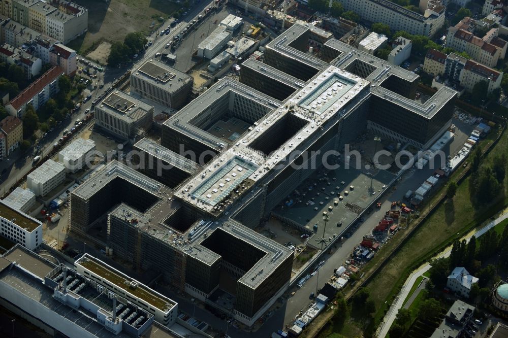 Berlin from above - View of the construction site to the new BND headquarters at Chausseestrass in the district Mitte. The Federal Intelligence Service (BND) builds on a 10 acre site for about 4,000 employees. It is built according to plans by the Berlin architects offices Kleihues Kleihues