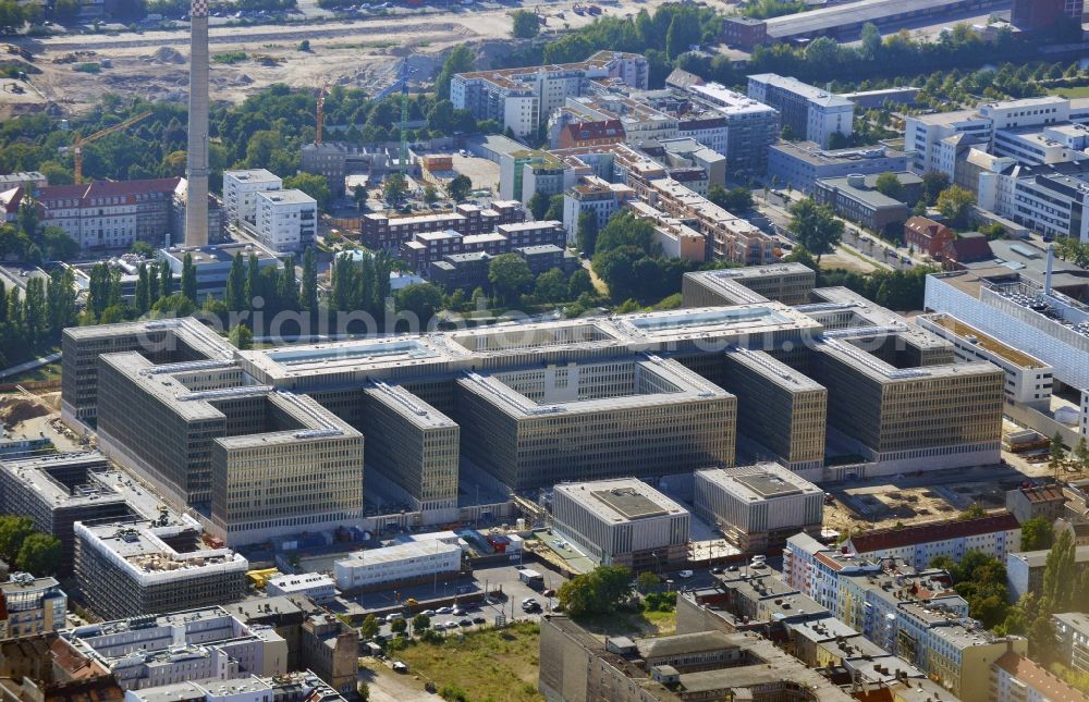 Berlin from above - View of the construction site to the new BND headquarters at Chausseestrass in the district Mitte. The Federal Intelligence Service (BND) builds on a 10 acre site for about 4,000 employees. It is built according to plans by the Berlin architects offices Kleihues + Kleihues