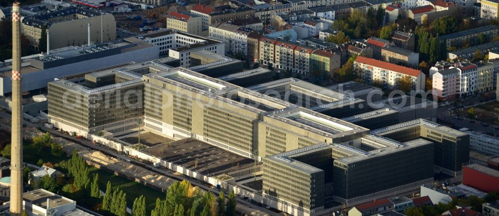 Berlin from above - View of the construction site to the new BND headquarters at Chausseestrass in the district Mitte. The Federal Intelligence Service (BND) builds on a 10 acre site for about 4,000 employees. It is built according to plans by the Berlin architects offices Kleihues + Kleihues