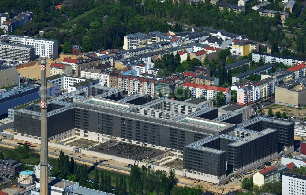 Berlin from above - View of the construction site to the new BND headquarters at Chausseestrass in the district Mitte. The Federal Intelligence Service (BND) builds on a 10 acre site for about 4,000 employees. It is built according to plans by the Berlin architects offices Kleihues + Kleihues