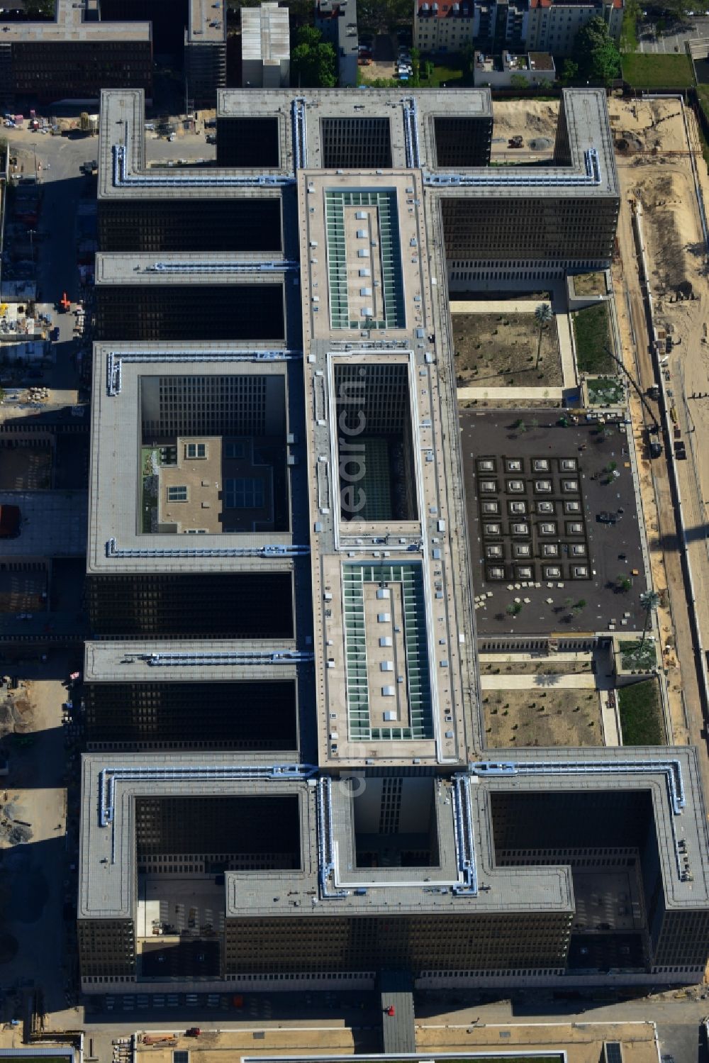 Berlin from above - View of the construction site to the new BND headquarters at Chausseestrass in the district Mitte. The Federal Intelligence Service (BND) builds on a 10 acre site for about 4,000 employees. It is built according to plans by the Berlin architects offices Kleihues + Kleihues