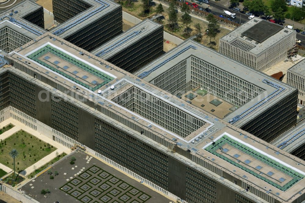 Berlin from above - View of the construction site to the new BND headquarters at Chausseestrass in the district Mitte. The Federal Intelligence Service (BND) builds on a 10 acre site for about 4,000 employees. It is built according to plans by the Berlin architects offices Kleihues Kleihues