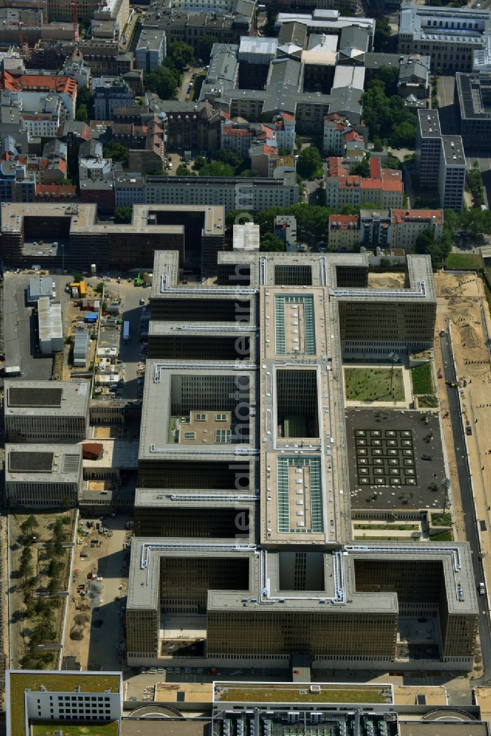 Berlin from above - View of the construction site to the new BND headquarters at Chausseestrass in the district Mitte. The Federal Intelligence Service (BND) builds on a 10 acre site for about 4,000 employees. It is built according to plans by the Berlin architects offices Kleihues Kleihues