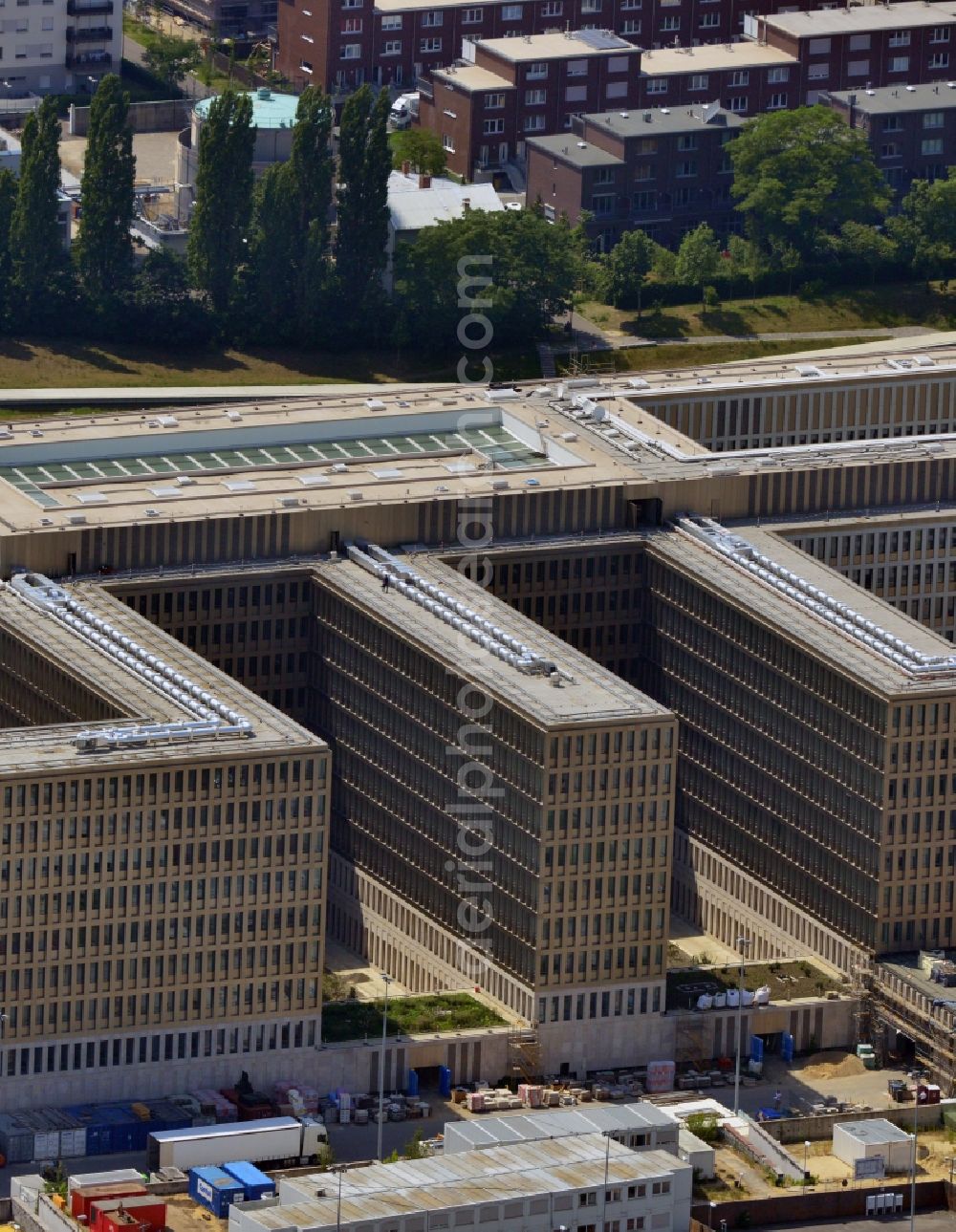 Berlin from above - View of the construction site to the new BND headquarters at Chausseestrass in the district Mitte. The Federal Intelligence Service (BND) builds on a 10 acre site for about 4,000 employees. It is built according to plans by the Berlin architects offices Kleihues Kleihues