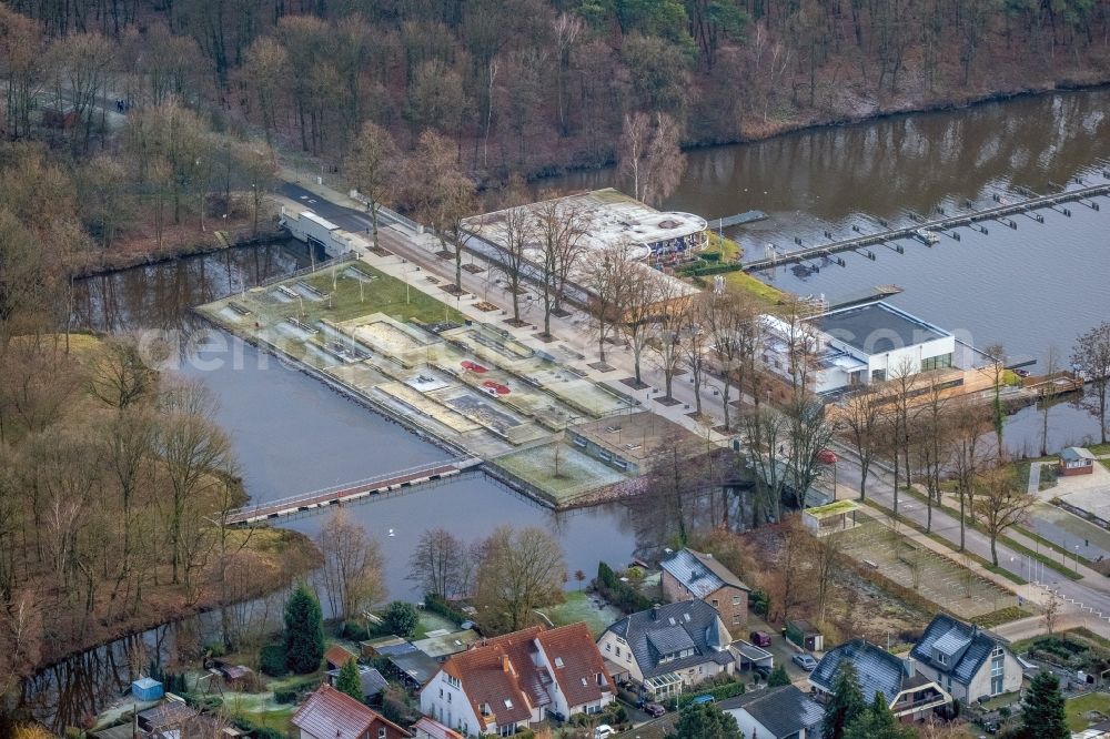 Aerial image Haltern am See - Building of Bootshausgesellschaft Strandallee GmbH & CO. KG on Stadtmuehlenbucht on lake Muehlenbach in Haltern am See in the state North Rhine-Westphalia, Germany