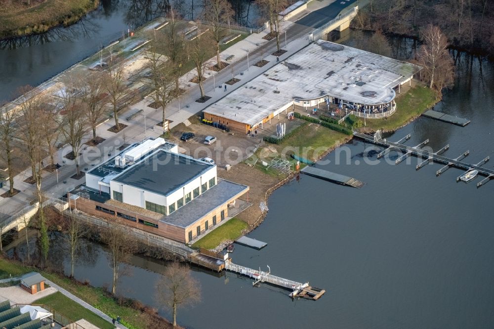 Aerial photograph Haltern am See - Building of Bootshausgesellschaft Strandallee GmbH & CO. KG on Stadtmuehlenbucht on lake Muehlenbach in Haltern am See in the state North Rhine-Westphalia, Germany