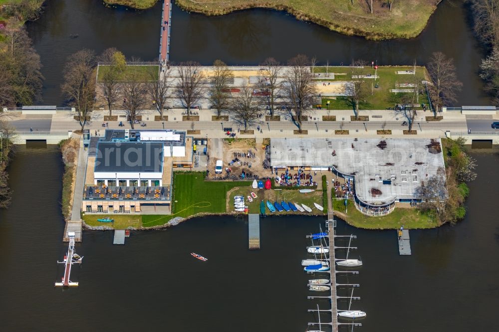 Haltern am See from above - Building of Bootshausgesellschaft Strandallee GmbH & CO. KG on Stadtmuehlenbucht on lake Muehlenbach in Haltern am See in the state North Rhine-Westphalia, Germany