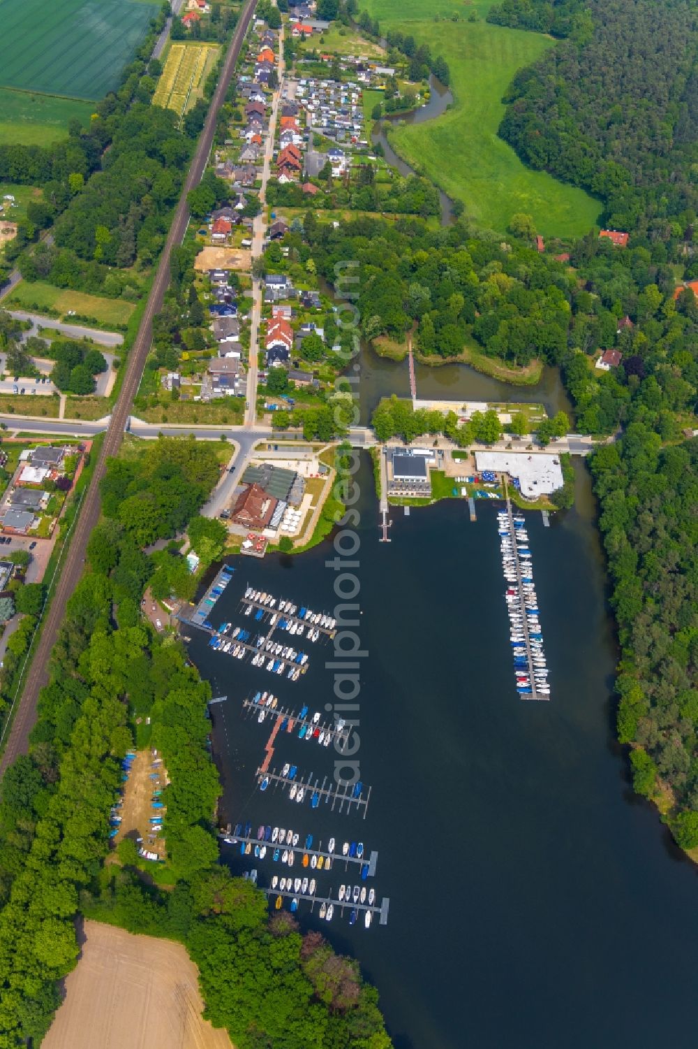 Haltern am See from above - Building of Bootshausgesellschaft Strandallee GmbH & CO. KG on Stadtmuehlenbucht on lake Muehlenbach in Haltern am See in the state North Rhine-Westphalia, Germany