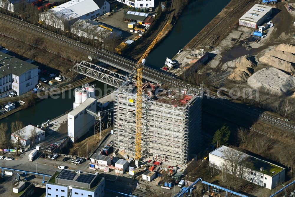 Berlin from above - Construction site to build a new office and commercial building N9 Hohe Neun on street Neukoellnische Allee in the district Neukoelln in Berlin, Germany