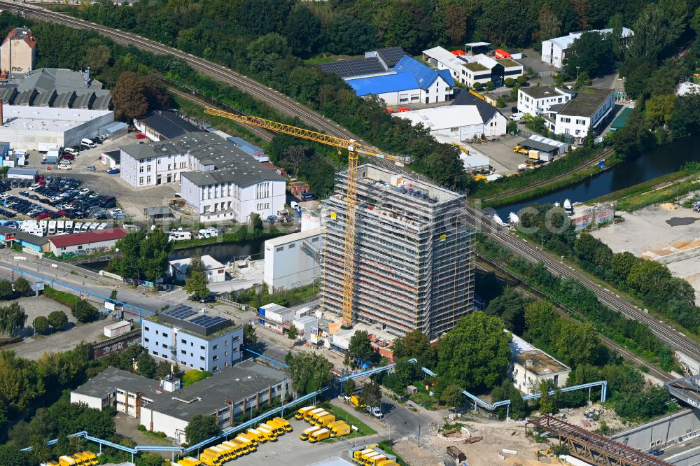 Berlin from the bird's eye view: Construction site to build a new office and commercial building N9 Hohe Neun on street Neukoellnische Allee in the district Neukoelln in the district Neukoelln in Berlin, Germany