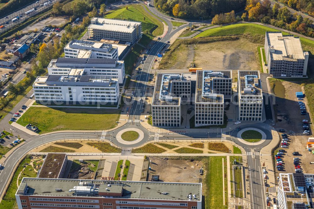 Aerial image Bochum - Office and commercial building ensemble at the O-Werk-Campus as a think tank with tech companies Viactiv and VMRay and Physec, VW Volkswagen Infotainment on the street Suttner-Nobel-Allee in the district of Laer in Bochum in the Ruhr area in the federal state of North Rhine-Westphalia, Germany