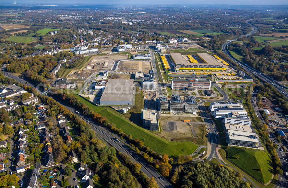 Bochum from the bird's eye view: Office and commercial building ensemble at the O-Werk-Campus as a think tank with tech companies Viactiv and VMRay and Physec, VW Volkswagen Infotainment on the street Suttner-Nobel-Allee in the district of Laer in Bochum in the Ruhr area in the federal state of North Rhine-Westphalia, Germany