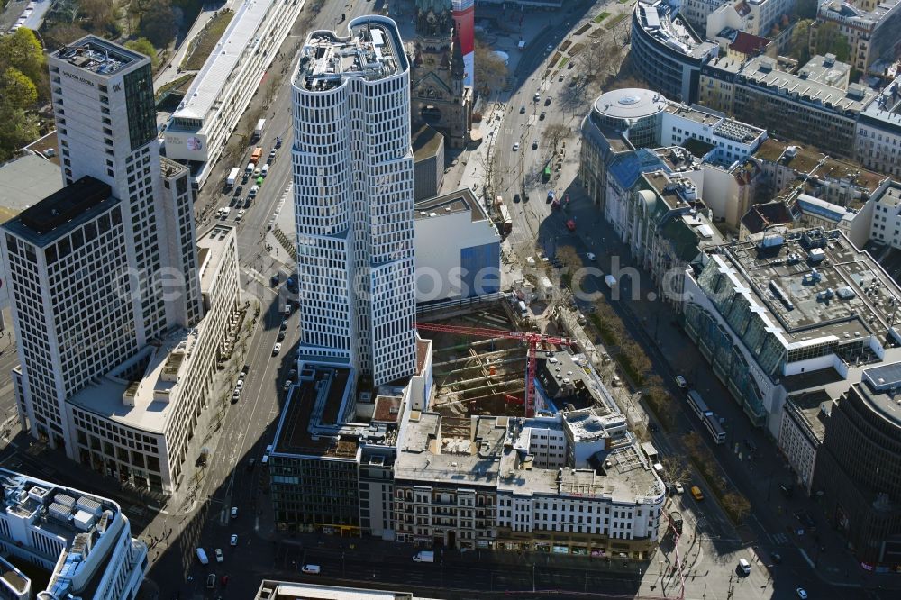 Berlin from above - Construction site to build a new office and commercial building on Gelaende the formerly Gloria Palast on Kurfuerstendonm in the district Charlottenburg in Berlin, Germany