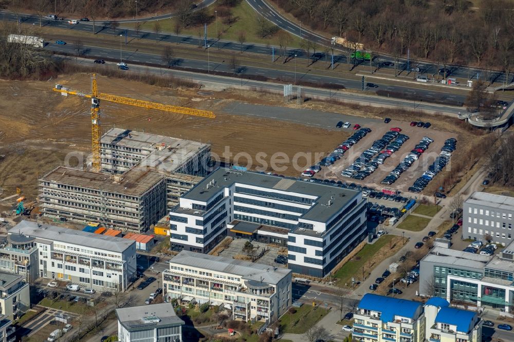 Dortmund from the bird's eye view: Construction site to build a new office and commercial building of adesso AG on Stockholmer Allee in Dortmund in the state North Rhine-Westphalia, Germany