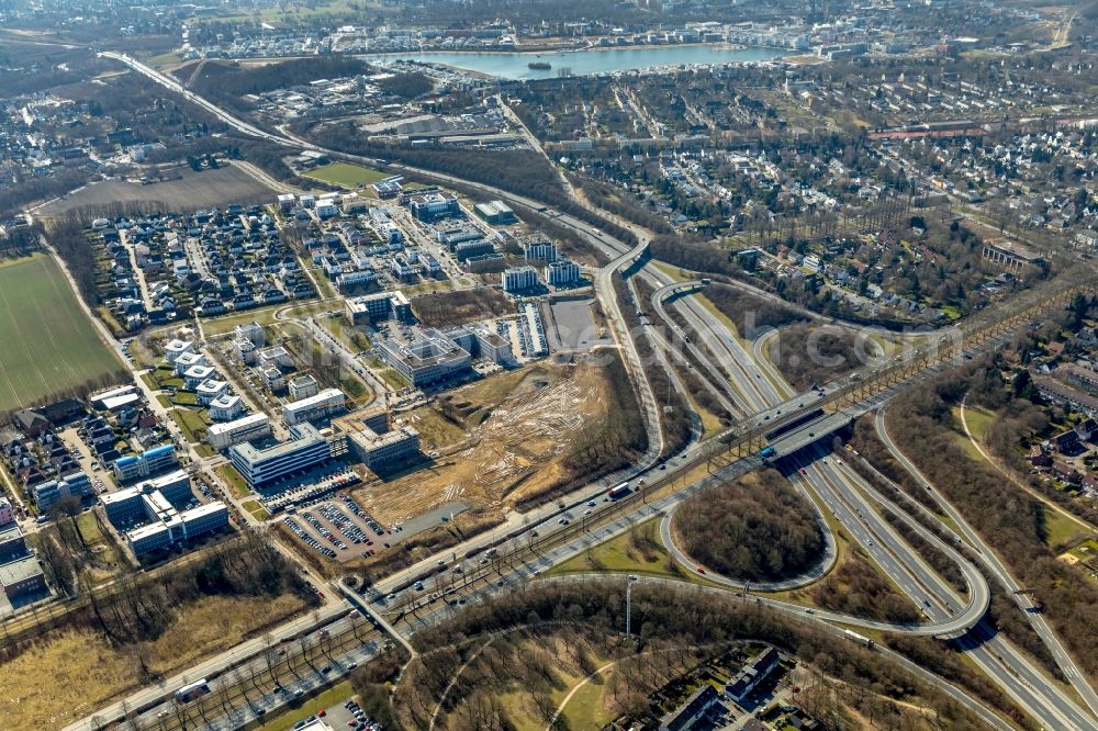 Dortmund from the bird's eye view: Construction site to build a new office and commercial building of adesso AG on Stockholmer Allee in Dortmund in the state North Rhine-Westphalia, Germany