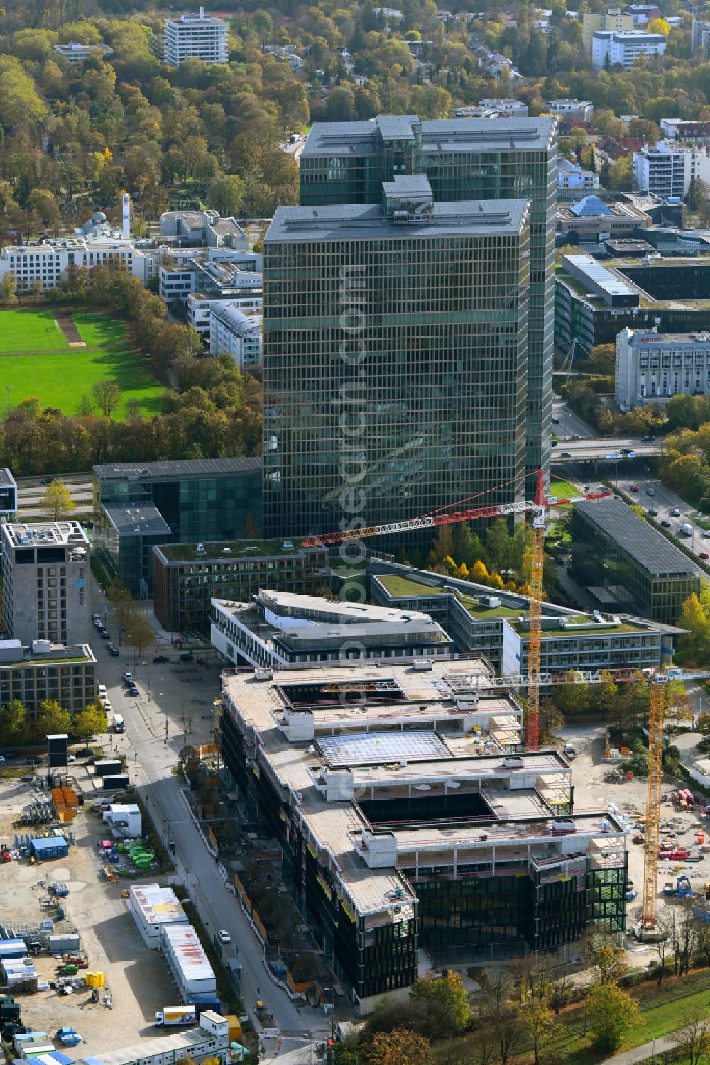 Aerial photograph München - Construction site to build a new office and commercial building on Anni-Albers-Strasse - Lyonel-Feininger-Strasse in the district Schwabing in Munich in the state Bavaria, Germany