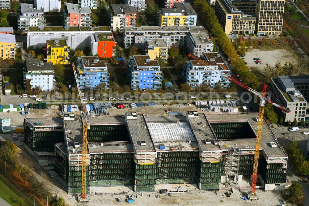 München from above - Construction site to build a new office and commercial building on Anni-Albers-Strasse - Lyonel-Feininger-Strasse in the district Schwabing in Munich in the state Bavaria, Germany