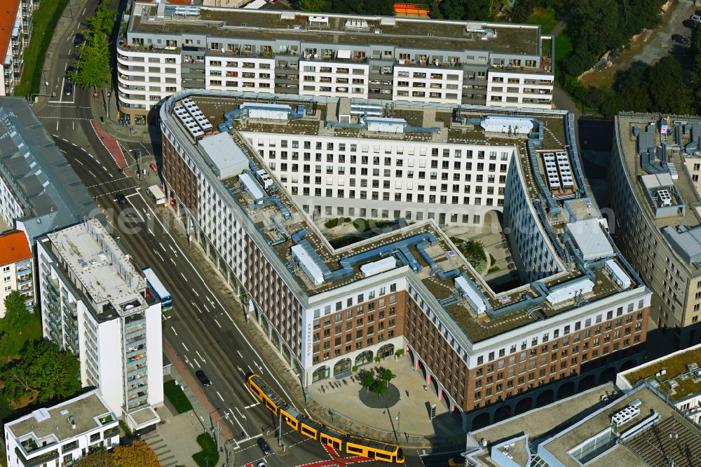 Dresden from the bird's eye view: Construction site to build a new office and commercial building of Annenhoefe on Schweriner Strasse corner Freiberger Strasse in the district Wilsdruffer Vorstadt in Dresden in the state Saxony, Germany