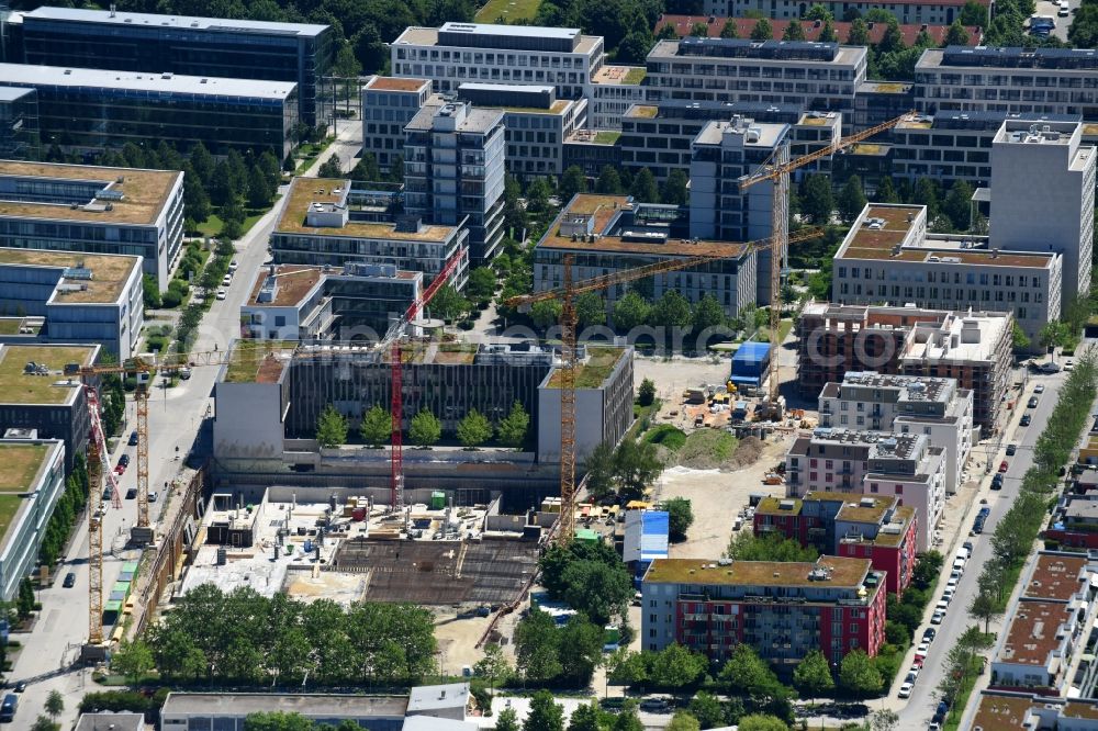 München from the bird's eye view: Construction site to build a new office and commercial building of ARRI AG on Wilhelm-Wagenfeld-Strasse in the district Schwabing-Freimann in Munich in the state Bavaria, Germany