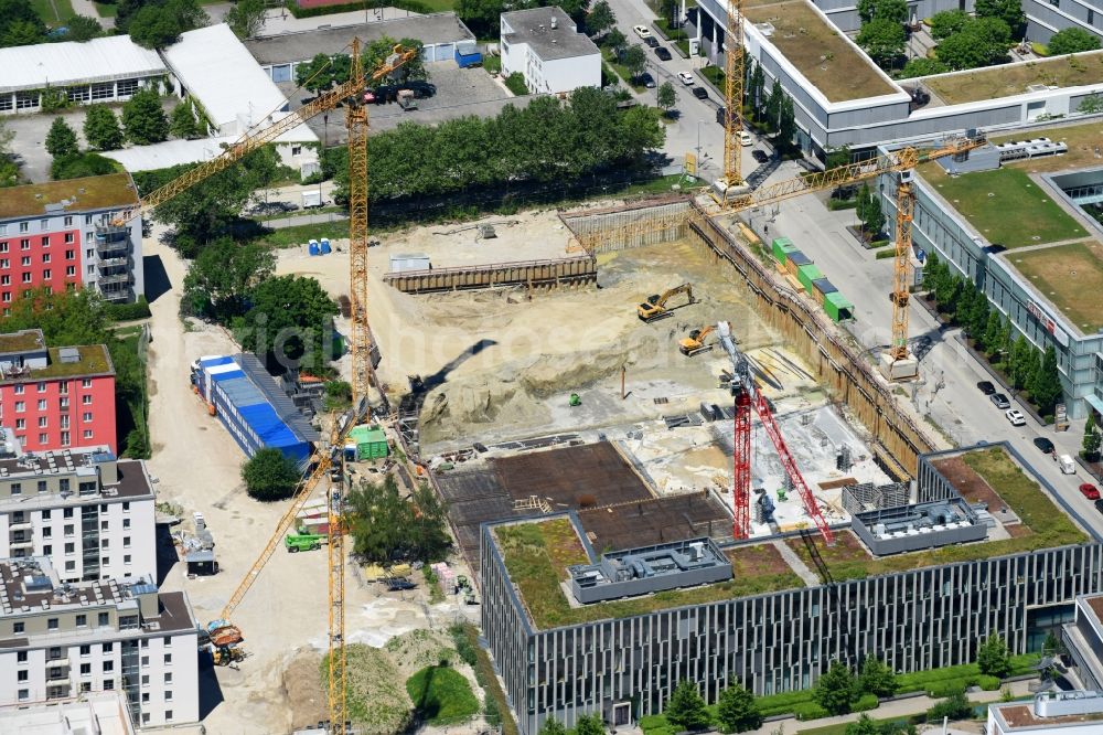 Aerial image München - Construction site to build a new office and commercial building of ARRI AG on Wilhelm-Wagenfeld-Strasse in the district Schwabing-Freimann in Munich in the state Bavaria, Germany