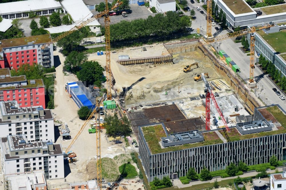 Aerial photograph München - Construction site to build a new office and commercial building of ARRI AG on Wilhelm-Wagenfeld-Strasse in the district Schwabing-Freimann in Munich in the state Bavaria, Germany