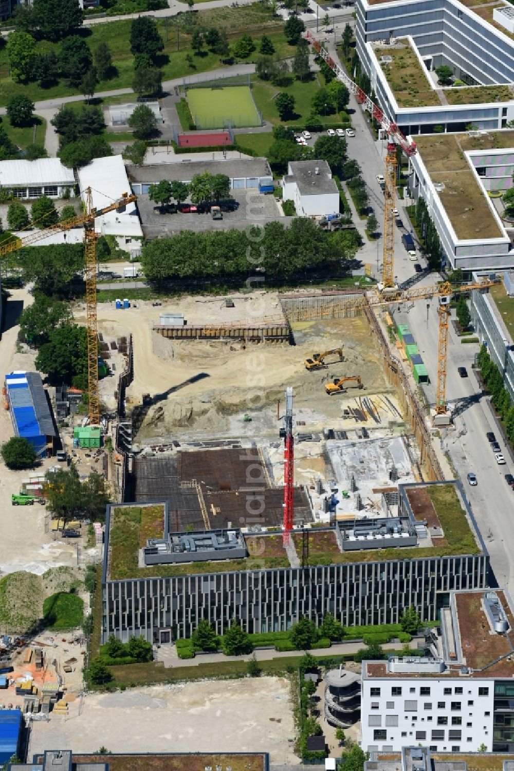 München from above - Construction site to build a new office and commercial building of ARRI AG on Wilhelm-Wagenfeld-Strasse in the district Schwabing-Freimann in Munich in the state Bavaria, Germany