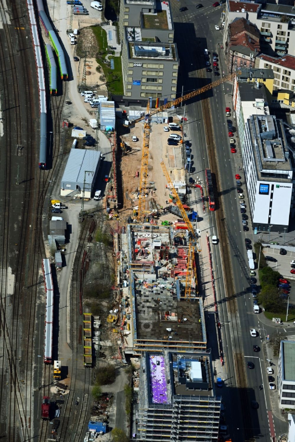 Nürnberg from above - Construction site to build a new office and commercial building on Bahnhofstrasse in the district Marienvorstadt in Nuremberg in the state Bavaria, Germany