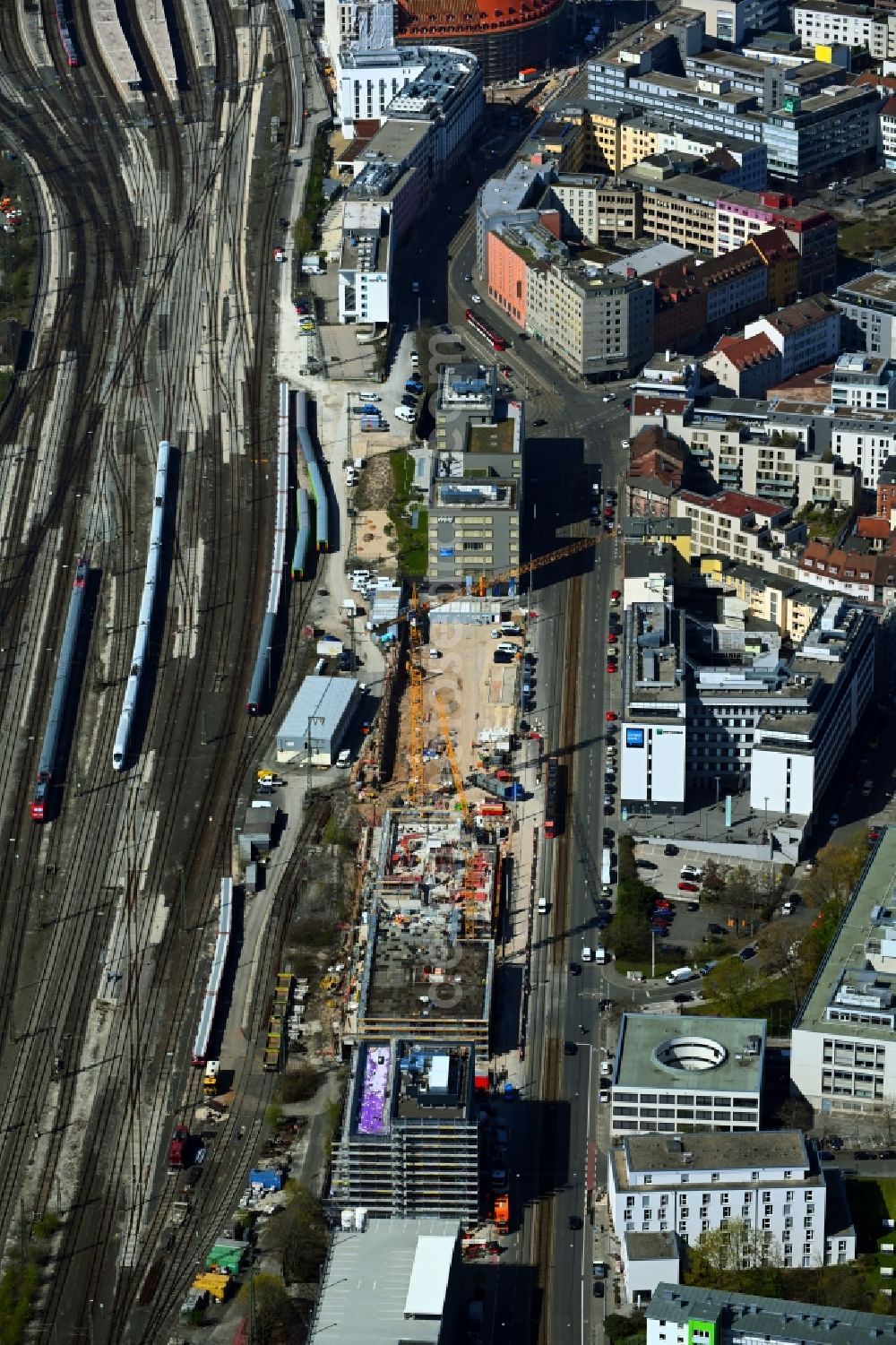 Nürnberg from the bird's eye view: Construction site to build a new office and commercial building on Bahnhofstrasse in the district Marienvorstadt in Nuremberg in the state Bavaria, Germany