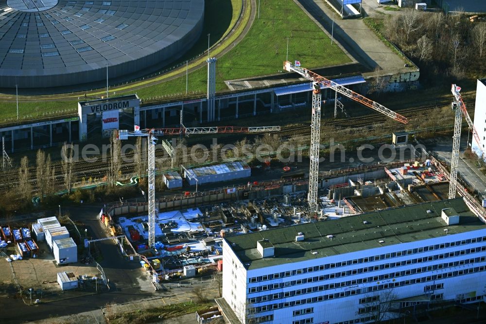 Berlin from the bird's eye view: Construction site to build a new office and commercial building of the building project Scale along the Storkower Strasse in the district Prenzlauer Berg in Berlin, Germany