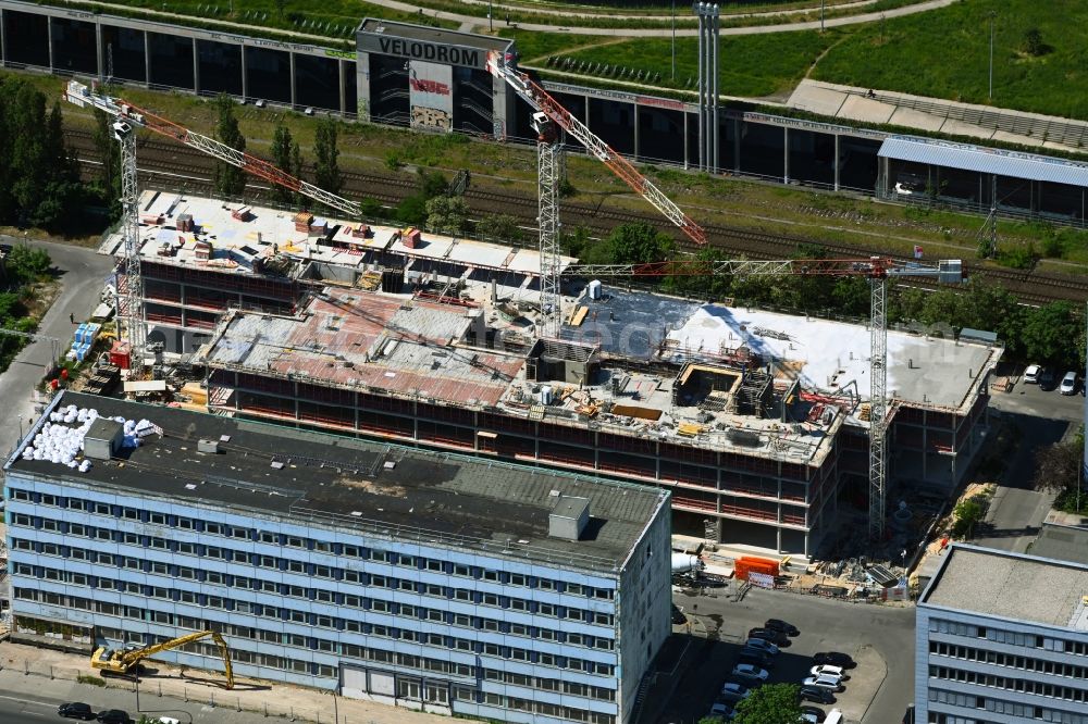 Berlin from the bird's eye view: Construction site to build a new office and commercial building of the building project Scale along the Storkower Strasse in the district Prenzlauer Berg in Berlin, Germany