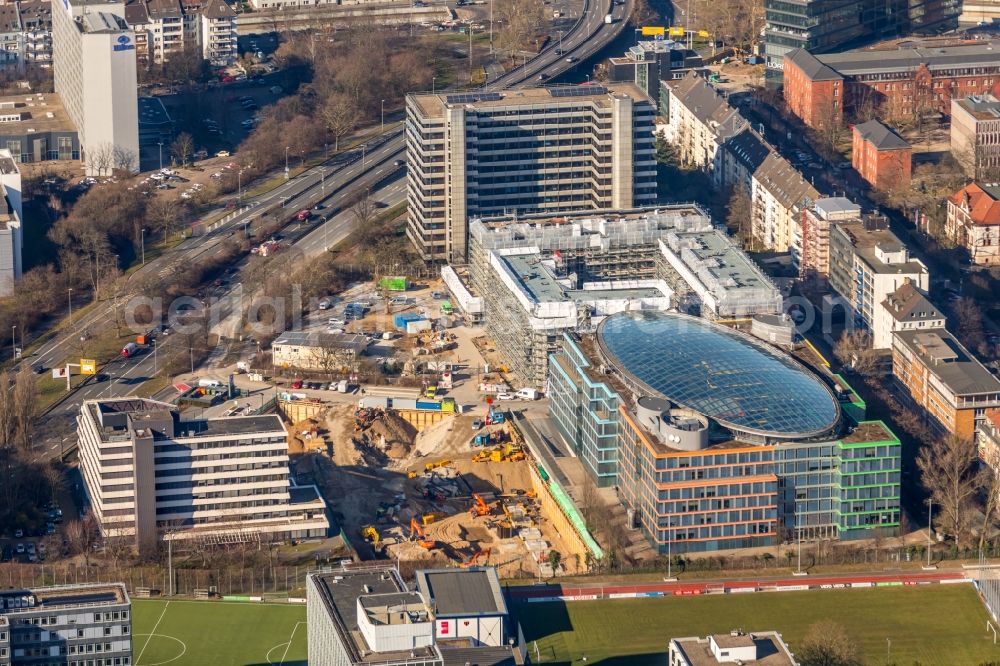 Düsseldorf from above - Construction site to build a new office and commercial building of Becken Holding GmbH on Schwannstrasse in Duesseldorf in the state North Rhine-Westphalia, Germany