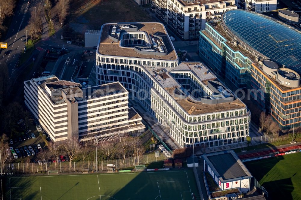 Düsseldorf from above - Construction site to build a new office and commercial building of Becken Holding GmbH on Schwannstrasse in Duesseldorf in the state North Rhine-Westphalia, Germany