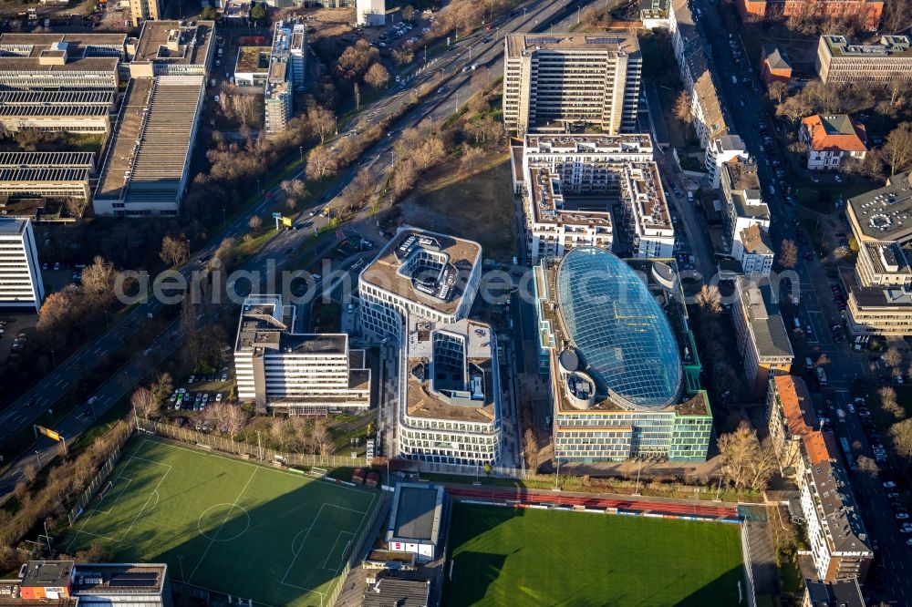 Düsseldorf from the bird's eye view: Construction site to build a new office and commercial building of Becken Holding GmbH on Schwannstrasse in Duesseldorf in the state North Rhine-Westphalia, Germany