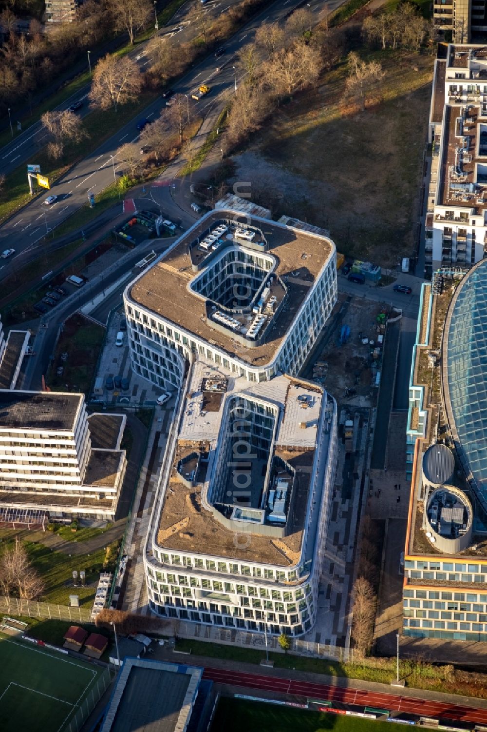 Aerial image Düsseldorf - Construction site to build a new office and commercial building of Becken Holding GmbH on Schwannstrasse in Duesseldorf in the state North Rhine-Westphalia, Germany