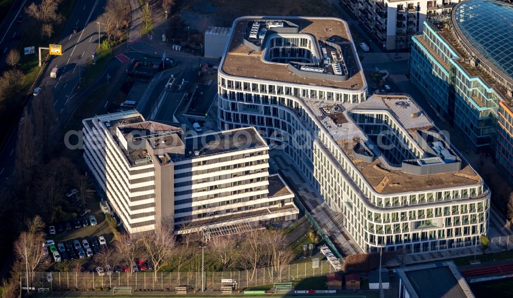 Düsseldorf from the bird's eye view: Construction site to build a new office and commercial building of Becken Holding GmbH on Schwannstrasse in Duesseldorf in the state North Rhine-Westphalia, Germany