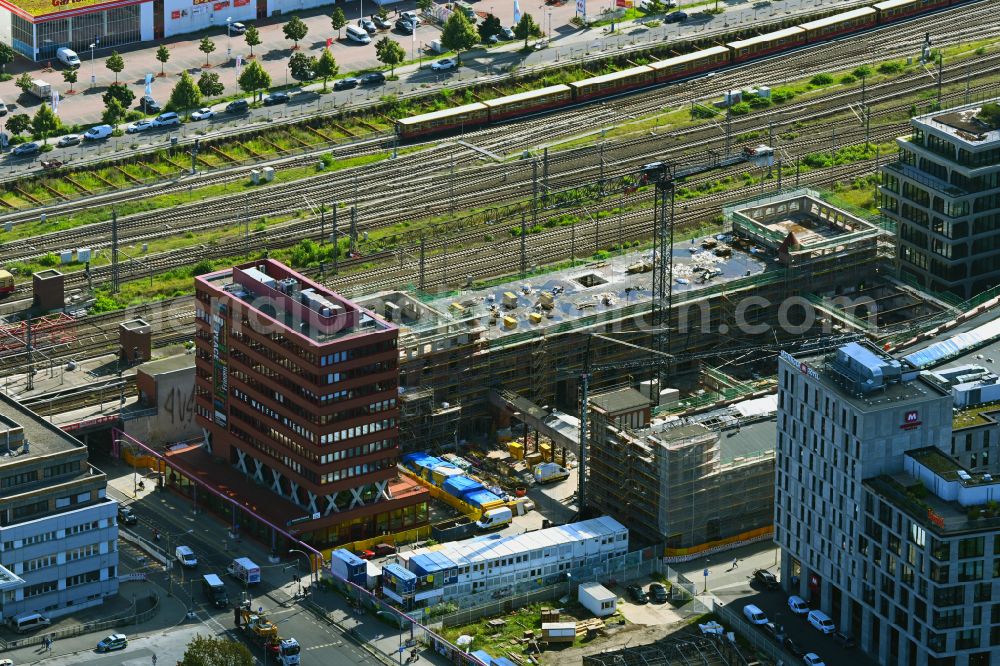 Aerial image Berlin - Construction site to build a new office and commercial building on street Am Postbahnhof in the district Friedrichshain in Berlin, Germany